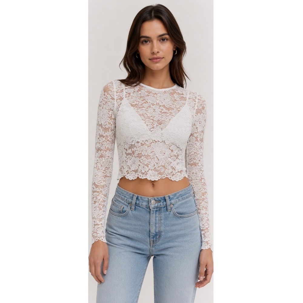 Generation Love Safia Floral Lace Long Sleeve Cropped Blouse White XS